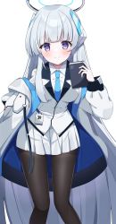 Rule 34 | 1girl, blue archive, blue necktie, blush, breasts, collared shirt, formal, grey hair, halo, highres, id card, jacket, long hair, mechanical halo, murase48, necktie, noa (blue archive), notebook, off shoulder, open clothes, open jacket, pantyhose, pleated skirt, purple eyes, shirt, simple background, skirt, suit, two-sided fabric, two-sided jacket, very long hair, white background, white jacket, white shirt, white suit