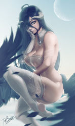 Rule 34 | 1girl, ahoge, albedo (overlord), bad deviantart id, bad id, bare shoulders, biting, biting clothes, black feathers, black hair, black wings, breasts, cloth, collar, commentary, demon girl, demon horns, detached collar, elbow gloves, eyeshadow, feathered wings, feathers, flying, garter straps, gloves, grey horns, hair between eyes, hair over one eye, hand on own cheek, hand on own face, head tilt, highres, horns, large breasts, lips, long hair, looking at viewer, low wings, makeup, overlord (maruyama), panties, realistic, signature, single glove, skindentation, slit pupils, solo, string panties, thighhighs, thighs, thyblake, underwear, white thighhighs, wings, yellow eyes
