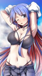 Rule 34 | 1girl, 547th sy, alternate costume, arms up, bell, black bra, black panties, blue hair, blue sky, bra, breasts, brown eyes, choker, cloud, cloudy sky, cowbell, day, highres, kantai collection, large breasts, long hair, looking at viewer, multicolored hair, ocean, one eye closed, outdoors, panties, red hair, shorts, sky, solo, south dakota (kancolle), underwear, undressing, white hair