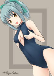 Rule 34 | 10s, 1girl, blush, bow, grabbing another&#039;s breast, breasts, brown eyes, cleavage, cleavage cutout, clothing cutout, covered navel, front zipper swimsuit, fuuma nagi, grabbing, grey hair, hair bow, hair ribbon, kantai collection, meme attire, one-piece swimsuit, open mouth, ponytail, ribbon, short hair, small breasts, smile, solo, standing, swimsuit, yuubari (kancolle)