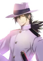 Rule 34 | 1boy, bara, black hair, fate (series), hair over one eye, hat, japanese clothes, katana, koha-ace, long hair, long sleeves, looking at viewer, male focus, manly, ponytail, sakamoto ryouma (fate), smile, solo, sword, upper body, waku (ayamix), weapon, white background, white hat
