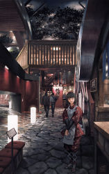 Rule 34 | 1girl, 2boys, apron, architecture, black eyes, black hair, blunt bangs, building, cobblestone, east asian architecture, floor lamp, highres, japanese clothes, light, looking at viewer, multiple boys, night, noba, open mouth, original, road, sandals, scenery, short hair, smile, solo focus, street, v arms