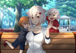 Rule 34 | 1girl, 2boys, absurdres, ahoge, azur lane, black shorts, blue eyes, brown hair, canned sardines, commentary, commission, english commentary, grey hair, grey shirt, hair between eyes, hair flaps, hair ornament, highres, jewelry, montpelier (azur lane), mother and son, multiple boys, on bench, orange eyes, red eyes, red shirt, ring, shirt, short hair, short sleeves, shorts, siblings, sitting, teeth, twins, upper teeth only, wedding ring