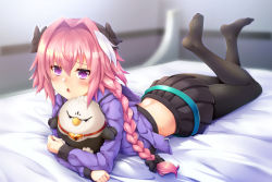 Rule 34 | 1boy, androgynous, astolfo (fate), astolfo (memories at trifas) (fate), bed sheet, black bow, black pantyhose, black skirt, blunt bangs, bow, braid, crossdressing, fate/apocrypha, fate (series), hair bow, highres, jacket, long hair, lying, male focus, midriff, miniskirt, official alternate costume, on stomach, open mouth, pantyhose, pink hair, pleated skirt, purple eyes, purple jacket, samoore, skirt, sleeveless, solo, trap