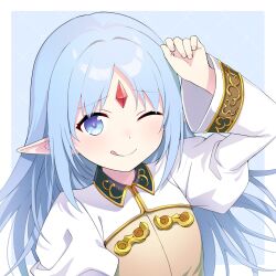 Rule 34 | 1girl, ;q, arm up, blue hair, blush, collared dress, commentary request, commission, dojikko pose, dress, e (eokiba), elf, forehead jewel, gold trim, highres, kalar (race), long hair, long sleeves, one eye closed, pointy ears, rance (series), reset kalar, skeb commission, smile, solo, tongue, tongue out, upper body, white dress