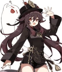 Rule 34 | 1girl, :d, ?, arm up, black hat, black shirt, black shorts, brown hair, cowboy shot, flat chest, flower, freenote mr, genshin impact, ghost, hat, hat flower, highres, hu tao (genshin impact), jewelry, long hair, long sleeves, looking at viewer, mandarin collar, multiple rings, nail polish, open mouth, red eyes, ring, shirt, short shorts, shorts, simple background, smile, solo, star-shaped pupils, star (symbol), symbol-shaped pupils, tailcoat, thighs, twintails, white background