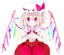 Rule 34 | 1girl, bad id, bad pixiv id, blonde hair, cum, cum in mouth, cum on tongue, cupping hands, embodiment of scarlet devil, flandre scarlet, hat, oouso, own hands together, ponytail, red eyes, short hair, side ponytail, solo, tongue, touhou, wings