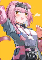 Rule 34 | 1girl, :d, animal ears, arknights, arm up, black hairband, black skirt, blush, braid, breasts, brown eyes, cat ears, cat girl, cat tail, fang, goldenglow (arknights), grey jacket, hair over shoulder, hairband, hand up, high-waist skirt, highres, jacket, lanyard, lightning bolt print, long hair, long sleeves, medium breasts, open clothes, open jacket, open mouth, orange background, pink hair, print hairband, puffy long sleeves, puffy sleeves, shirt, simple background, single braid, skirt, smile, solo, spam (spamham4506), sweat, tail, white shirt