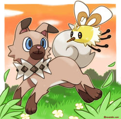 Rule 34 | animal focus, artist name, bad id, bad pixiv id, blue eyes, brown eyes, brown outline, closed mouth, cloud, creatures (company), cutiefly, eye contact, flower, from side, full body, game freak, gen 7 pokemon, gradient sky, grass, happy, highres, jumping, looking at another, nintendo, no humans, orange sky, outline, pokemon, pokemon (creature), rockruff, rorosuke, running, sky, smile, sunset, twitter username, white flower