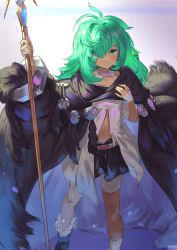 Rule 34 | 1girl, bandaged leg, bandages, black cloak, black footwear, black skirt, blush, boots, cloak, closed mouth, collarbone, commentary request, granblue fantasy, green eyes, green hair, hair over one eye, hand up, holding, holding staff, kolulu (granblue fantasy), long hair, long sleeves, looking at viewer, pleated skirt, short sleeves, skirt, smile, solo, staff, standing, wasabi60