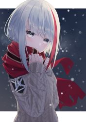 Rule 34 | 1girl, admiral graf spee (azur lane), admiral graf spee (peaceful daily life) (azur lane), aran sweater, azur lane, cable knit, closed mouth, commentary request, grey eyes, grey sweater, hands up, highres, long hair, long sleeves, looking at viewer, multicolored hair, red hair, red scarf, scarf, sidelocks, silver hair, sleeves past wrists, snowing, solo, streaked hair, sweater, upper body, yamada maya (yamdmay)