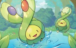 Rule 34 | :d, black eyes, budew, bush, commentary request, creatures (company), day, game freak, gen 4 pokemon, grass, hossey kuroneko, looking up, nintendo, no humans, open mouth, outdoors, pokemon, pokemon (creature), puddle, smile, tree, water