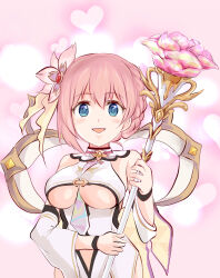 Rule 34 | 1girl, blue eyes, breasts, clothing cutout, hair ornament, heart, highres, large breasts, pink background, pink hair, princess connect!, ryp, short hair, smile, solo, underboob, underboob cutout, wand, yui (astral) (princess connect!), yui (princess connect!)
