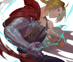 Rule 34 | 1boy, ahoge, belt, black shirt, blonde hair, blouse, blue pants, braid, braided ponytail, cape, clenched teeth, denim, edward elric, electricity, fullmetal alchemist, gloves, grey gloves, jeans, male focus, mechanical arms, pants, parted bangs, red cape, shirt, single braid, single glove, single mechanical arm, solo, teeth, yamakawa, yellow eyes