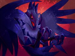 Rule 34 | abstract background, animal focus, bird, black sclera, bright pupils, chest fluff, colored sclera, commentary, corviknight, creatures (company), crow, dynamic pose, english commentary, evilsonic2, flying, foreshortening, frown, full body, game freak, gen 8 pokemon, glowing, glowing eyes, highres, looking at viewer, metal, metal skin, midair, nintendo, no humans, open mouth, pokemon, pokemon (creature), red background, red eyes, red light, slit pupils, solo, spread wings, talons, three quarter view, tongue, vignetting, white pupils