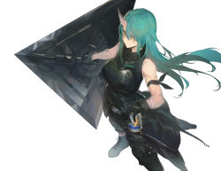 Rule 34 | 1girl, arknights, arm scarf, bare shoulders, black jacket, black pants, black shirt, can, clothes around waist, full body, green hair, hair between eyes, highres, holding, holding can, holding shield, horns, hoshiguma (arknights), jacket, jacket around waist, kuroduki (pieat), long hair, pants, serious, shield, shirt, simple background, single horn, sleeveless, solo, standing, white background, yellow eyes