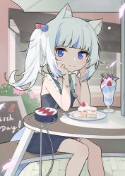 Rule 34 | 1girl, animal ear fluff, animal ears, bag, unworn bag, blue dress, blue eyes, blue hair, cake, cat ears, cp2980606, cube hair ornament, dress, fang, food, fork, gawr gura, gawr gura (casual), hair ornament, handbag, happy birthday, head rest, highres, hololive, hololive english, long hair, looking at viewer, multicolored hair, parfait, shoulder bag, side ponytail, sitting, skin fang, smile, solo, strawberry shortcake, streaked hair, virtual youtuber, white hair