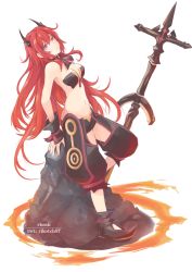 Rule 34 | 1girl, alternate costume, arknights, commentary, demon girl, highres, horns, long hair, midriff, purple eyes, red hair, rikotch07, simple background, slit pupils, solo, surtr (arknights), sword, weapon, white background