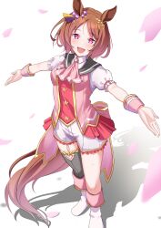 Rule 34 | 1girl, absurdres, animal ears, ascot, back bow, black thighhighs, blush, boots, bow, breasts, brown hair, cherry blossoms, collared shirt, commentary request, falling petals, fold-over boots, full body, garter straps, highres, horse ears, horse girl, horse tail, medium breasts, olecafe2, open mouth, parted bangs, petals, pink ascot, pink bow, pink eyes, puffy short sleeves, puffy sleeves, sakura laurel (umamusume), shadow, shirt, short hair, short sleeves, shorts, simple background, single thighhigh, smile, solo, tail, thighhighs, umamusume, white background, white footwear, white shirt, white shorts, wrist cuffs