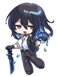 Rule 34 | 1girl, black gloves, black hair, black jacket, black pants, blue eyes, blue flower, blue hair, chibi, chibi only, collared shirt, colored inner hair, commentary request, flower, full body, gloves, hair between eyes, holding, holding sword, holding weapon, jacket, long hair, looking at viewer, lotus, multicolored hair, open clothes, open jacket, open mouth, original, pants, rramarukun, shirt, simple background, solo, standing, streaked hair, sword, unbuttoned, weapon, white background, white shirt