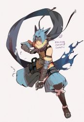 Rule 34 | 1boy, animal ears, armor, bandaged arm, bandages, bare shoulders, black scarf, blue hair, blue scarf, character name, creatures (company), english text, facial mark, fishnets, floating scarf, game freak, gen 4 pokemon, gradient clothes, gradient scarf, grey background, harurie, headband, highres, holding, holding weapon, kunai, lucario, male focus, ninja, nintendo, parted lips, personification, pokedex number, pokemon, puffy pants, red eyes, scarf, shuriken, simple background, solo, torn clothes, torn scarf, weapon