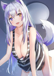 Rule 34 | 1girl, :d, absurdres, all fours, animal ear fluff, animal ears, blush, breasts, ceiling light, cleavage, fang, fox ears, fox girl, fox tail, hanging breasts, heterochromia, highres, indoors, kurohikage, large breasts, long hair, looking at viewer, no pants, open mouth, orange eyes, original, purple eyes, silver hair, sleeveless, smile, solo, striped, tail, tank top, very long hair