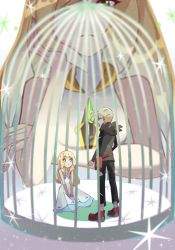 Rule 34 | 1boy, 2girls, ahoge, birdcage, black pants, blonde hair, blurry, braid, cage, closed mouth, collared dress, commentary request, creatures (company), dress, frown, game freak, gladion (pokemon), highres, hood, hood down, lillie (pokemon), long hair, lusamine (pokemon), mini person, miniboy, minigirl, multiple girls, nintendo, own hands together, pants, pokemon, pokemon sm, red footwear, shoes, short hair, sitting, sparkle, ssn (sasa8u9r), standing, torn clothes, torn pants, twin braids, white dress