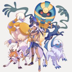 Rule 34 | 1boy, absol, absurdres, black choker, black headwear, choker, cofagrigus, creatures (company), crossover, cyno (genshin impact), dark-skinned male, dark skin, egyptian clothes, espathra, fangs, game freak, gen 2 pokemon, gen 3 pokemon, gen 5 pokemon, gen 7 pokemon, genshin impact, grey background, hair over one eye, harochan, hat, highres, holding, holding poke ball, long hair, looking at viewer, luxury ball, lycanroc, lycanroc (dusk), male focus, nintendo, open mouth, poke ball, pokemon, pokemon (creature), red eyes, shorts, simple background, standing, twitter username, umbreon, white hair
