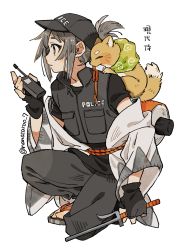 Rule 34 | 1boy, animal, animal on shoulder, black eyes, black gloves, black hat, black pants, black shirt, fingerless gloves, fox, full body, gloves, grey hair, hat, highres, holding, holding weapon, looking to the side, male focus, nanase (nanataroo 7), on one knee, original, pants, police, police hat, police uniform, shirt, short hair, short ponytail, short sleeves, sidelocks, solo, twitter username, uniform, walkie-talkie, weapon, white background, wide sleeves