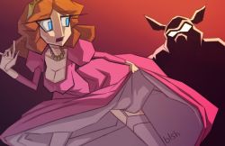 Rule 34 | 1girl, blue eyes, breasts, brown hair, cleavage, crown, demon, dress, dress grab, game over, ganon, hand up, imminent rape, jewelry, legs, long hair, long sleeves, necklace, nervous, nintendo, open mouth, pig, pink dress, princess zelda, running, shadow, the legend of zelda, white eyes, young zelda, zelda ii: the adventure of link