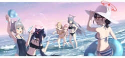 Rule 34 | 6+girls, absurdres, ahoge, animal ear fluff, animal ears, ayane (blue archive), ayane (swimsuit) (blue archive), bare arms, bare legs, bare shoulders, barefoot, bikini, black bikini, black hair, black one-piece swimsuit, blue archive, blue eyes, blue halo, blush, breasts, cat ears, closed eyes, collarbone, competition swimsuit, cross hair ornament, dual persona, extra ears, flat chest, frilled bikini, frills, glasses, green eyes, green halo, grey hair, hair bobbles, hair ornament, halo, hat, highres, holding, holding water gun, hoshino (blue archive), hoshino (swimsuit) (blue archive), innertube, large breasts, light brown hair, long hair, low twintails, medium breasts, medium hair, multiple girls, nonomi (blue archive), nonomi (swimsuit) (blue archive), ocean, official alternate costume, one-piece swimsuit, one eye closed, open mouth, orange bikini, outdoors, pink hair, pink halo, pointy ears, ponytail, red-framed eyewear, red halo, serika (blue archive), serika (swimsuit) (blue archive), shiroko (blue archive), shiroko (swimsuit) (blue archive), shiroko terror (blue archive), short hair, side-tie bikini bottom, smile, striped bikini, striped clothes, swim ring, swimsuit, twintails, water, water gun, white bikini, white headwear, wolf ears, yellow eyes, yuyu guantou (marky)