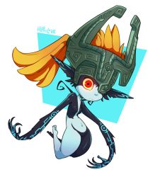 Rule 34 | 1girl, artist name, black skin, blue background, breasts, closed mouth, colored sclera, colored skin, female focus, floating, full body, glowing, glowing eyes, helmet, highres, huffslove, long hair, looking at viewer, midna, multicolored skin, navel, nintendo, no nipples, no pussy, orange hair, pointy ears, ponytail, red eyes, shiny skin, signature, simple background, small breasts, solo, tattoo, the legend of zelda, the legend of zelda: twilight princess, two-tone background, two-tone skin, white skin, yellow sclera