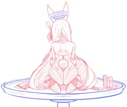 Rule 34 | 1girl, absurdres, ass, asuna (blue archive), asuna (bunny) (blue archive), back, blue archive, halo, heels, high heels, highres, long hair, nexter45, poker chip, poker table, rabbit ears, rabbit tail, ribbon, sketch, solo, table, unfinished