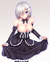 Rule 34 | 10s, 1girl, alternate costume, bare shoulders, black pantyhose, blue eyes, bow, bowtie, breasts, corset, detached collar, detached sleeves, gothic lolita, hair ornament, hair over one eye, hairband, hairclip, hamakaze (kancolle), kantai collection, large breasts, lolita fashion, lolita hairband, looking at viewer, pantyhose, short hair, silver hair, solo, tapisuke