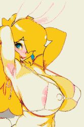 Rule 34 | 1girl, animal ears, armpits, arms behind head, arms up, bare shoulders, bikini, blonde hair, blue eyes, blush, breasts, collarbone, commentary, doxy, english commentary, eyepatch bikini, fake animal ears, hair over one eye, huge breasts, lips, long hair, mario (series), nintendo, parted lips, pixel art, princess peach, rabbit ears, smile, solo, stomach, super mario bros. 1, swimsuit, upper body, white bikini