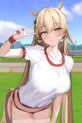 Rule 34 | 1girl, animal ears, arm up, blonde hair, blue sky, blurry, blurry background, breasts, buruma, cloud, collarbone, commentary request, day, depth of field, grass, groin, gym shirt, gym uniform, hair between eyes, hair ornament, heart, heart hair ornament, highres, horse ears, horse girl, horse tail, kanzarin, kemonomimi mode, leaning forward, long hair, medium breasts, midriff, nail polish, nijisanji, nui sociere, outdoors, puffy short sleeves, puffy sleeves, red buruma, red nails, shirt, short sleeves, skindentation, sky, solo, tail, thighhighs, v, very long hair, virtual youtuber, white shirt, white thighhighs, yellow eyes