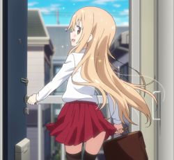 Rule 34 | 1girl, blonde hair, doma umaru, door, highres, himouto! umaru-chan, long hair, looking back, open mouth, school uniform, screencap, smile, stitched, third-party edit