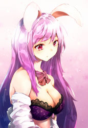 Rule 34 | 1girl, animal ears, bare shoulders, black bra, bow, bowtie, bra, breasts, cleavage, closed mouth, from side, highres, lace, lace-trimmed bra, lace trim, large breasts, long hair, looking at viewer, looking to the side, mayonaka taruho, off shoulder, open clothes, open shirt, purple hair, rabbit ears, red eyes, reisen udongein inaba, shirt, solo, striped bow, striped bowtie, striped clothes, striped neckwear, touhou, underwear, upper body, very long hair, white shirt