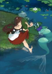 Rule 34 | 2girls, animal ears, bare shoulders, barefoot, blue eyes, blue hair, breasts, brooch, brown hair, cleavage, clothes lift, collarbone, dress, dress lift, fingernails, fins, fish, flower, frilled kimono, frills, frog, grass, grin, head fins, highres, imaizumi kagerou, japanese clothes, jewelry, kimono, lake, large breasts, lily pad, long fingernails, long hair, mermaid, monster girl, multiple girls, nail polish, obi, off shoulder, red eyes, rock, sash, sitting, smile, soaking feet, tail, thy456, touhou, very long hair, wakasagihime, water, wolf ears, wolf tail