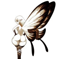 Rule 34 | 1girl, aerie (bravely default), ass, black thighhighs, blunt bangs, bravely default: flying fairy, bravely default (series), butterfly wings, cleft of venus, elbow gloves, fairy, gloves, highres, insect wings, jadf, long hair, nude, open mouth, pointy ears, pussy, simple background, sketch, smile, solo, thick thighs, thighhighs, thighs, white background, white hair, wide hips, wings