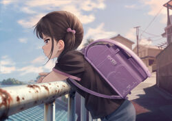 Rule 34 | 1girl, absurdres, backpack, bag, black hair, black shirt, blue pants, blue sky, blurry, blurry background, blush, brown eyes, building, closed mouth, cloud, commentary request, day, depth of field, from side, hair bobbles, hair ornament, highres, leaning forward, looking away, original, outdoors, pants, profile, railing, randoseru, rooftop, shirt, short sleeves, side ponytail, sky, solo, tsunenorip, utility pole, v-shaped eyebrows