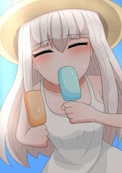 Rule 34 | 1girl, amamitsu9, blue background, blue sky, blush, breasts, closed eyes, collarbone, commentary, dress, eyelashes, fire emblem, fire emblem: three houses, food, food in mouth, hair between eyes, hat, highres, holding food, holding popsicle, ice cream, lysithea von ordelia, nintendo, popsicle, sidelocks, simple background, sky, sleeveless, small breasts, sun hat, sweat, tank top, upper body, white dress, white hair