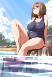 Rule 34 | 00s, 1girl, breasts, brown hair, female focus, full body, glasses, hip focus, kamichu!, large breasts, nature, one-piece swimsuit, outdoors, plant, purple eyes, school swimsuit, shijou mitsue, short hair, sky, solo, submerged, swimsuit, tonpuu, water, wide hips