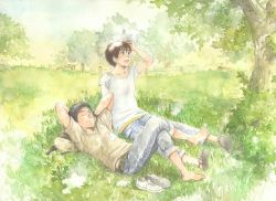 Rule 34 | 1boy, 1girl, arms behind head, backpack, bag, barefoot, black eyes, black hair, breasts, brown eyes, brown hair, cargo pants, commentary, dappled sunlight, denim, fence, grass, hand on forehead, izumi noa, jeans, kidou keisatsu patlabor, light rays, looking up, lying, on back, on grass, one eye closed, open mouth, outdoors, painting (medium), pants, pants rolled up, sandals, shinohara asuma, shirt, shoes, unworn shoes, short hair, sitting, sky, small breasts, smile, sneakers, sunlight, t-shirt, texture, traditional media, tree, ususionorisio, watch, watercolor (medium), wristwatch