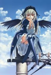 Rule 34 | 00s, 1girl, black wings, blonde hair, boots, cloud, day, frills, highres, kneehighs, lace, long hair, rozen maiden, sky, smile, socks, solo, suigintou, white hair, wings