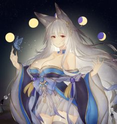 Rule 34 | 1girl, animal ear fluff, animal ears, azur lane, bare shoulders, blue butterfly, blue kimono, breasts, bug, butterfly, cleavage, highres, insect, japanese clothes, kimono, large breasts, long hair, moon, off shoulder, pleated skirt, red eyes, shinano (azur lane), skirt, solo, thighhighs, very long hair, white hair, white skirt, white thighhighs, wide sleeves, yononaka