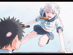 Rule 34 | 1boy, 1girl, a certain high school uniform, accelerator (toaru majutsu no index), albino, black border, black hair, blue sailor collar, blue skirt, border, bread slice, briefcase, cherry blossoms, colored eyelashes, falling petals, flower, food, food in mouth, genderswap, genderswap (mtf), hair flower, hair ornament, highres, holding, holding briefcase, jumping, kamijou touma, leg up, legs, lily (flower), looking at another, miniskirt, mouth hold, navel, neckerchief, open mouth, outstretched arms, pale skin, petals, pixie cut, pleated skirt, r l bear, red eyes, sailor collar, school uniform, serafuku, shirt, shoes, sidelocks, skirt, sky, spiked hair, summer uniform, surprised, suzushina yuriko, toaru majutsu no index, toast, toast in mouth, white hair, white neckerchief, white shirt