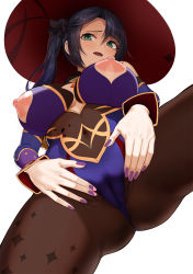 Rule 34 | 1girl, black hair, blue hat, blue leotard, bodystocking, breasts, brown pantyhose, cameltoe, choker, covered navel, crotch, detached sleeves, fur collar, genshin impact, gluteal fold, gold trim, greem bang, green eyes, hat, hat ornament, highleg, highleg leotard, highres, large breasts, leotard, long hair, looking at viewer, mona (genshin impact), nail polish, nipples, open mouth, pantyhose, smile, solo, thighlet, thighs, twintails, witch hat