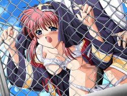 Rule 34 | 1girl, against fence, bent over, blue eyes, blush, bra, bra lift, breasts, censored, chain-link fence, cloud, cum, cum in pussy, day, doggystyle, fence, from behind, game cg, hetero, kantaka, katsura tomoe, lingerie, medium breasts, miko miko nurse, mosaic censoring, nipples, nun, open mouth, outdoors, panties, panty pull, penis, pink hair, rape, sex, sex from behind, sky, solo focus, sudou miki, sweat, tears, underwear, vaginal, white bra, white panties