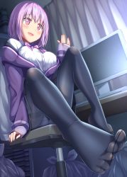 Rule 34 | 10s, 1girl, blurry, blurry background, blush, bow, breasts, collared shirt, curtains, desk, feet, female focus, fine fabric emphasis, from below, gridman universe, gurande (g-size), highres, jacket, large breasts, light particles, light purple hair, long sleeves, monitor, no shoes, off shoulder, pantyhose, pleated skirt, purple jacket, red eyes, school uniform, shinjou akane, shirt, short hair, sitting, skirt, smile, solo, ssss.gridman, stool, toes, trash bag, white shirt